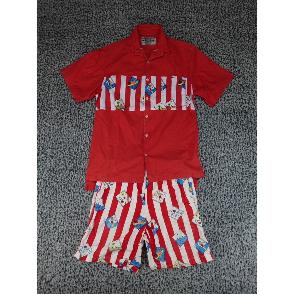 B.S.R. Shirt and Shorts Set Mens Small Red Striped Surf Graphic Vintage Turkey
